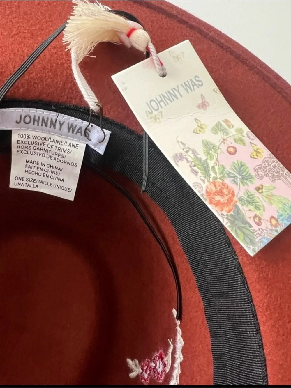 Johnny Was Fedora Hat Rust Color Embroidered Wool with Blue Hummingbird Feather